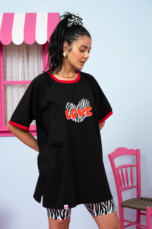T-shirt Reglan Blouse Μαύρο Zebra Heart “Love” Κοντομάνικο Μπλουζάκι Petit Boutik