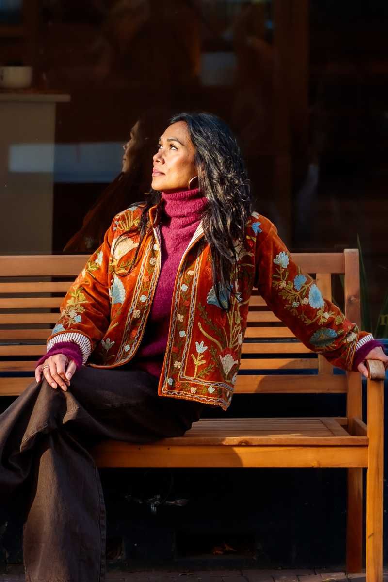 Suzani Jacket – Soft amber with pastel floral embroidery