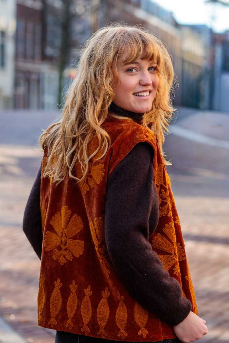Embroidered Velvet Bodywarmer Amber / Burnt Orange