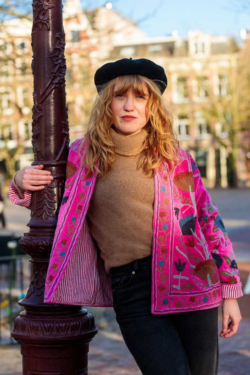 Embroidery jacket – Hot pink with floral Suzani embroidery