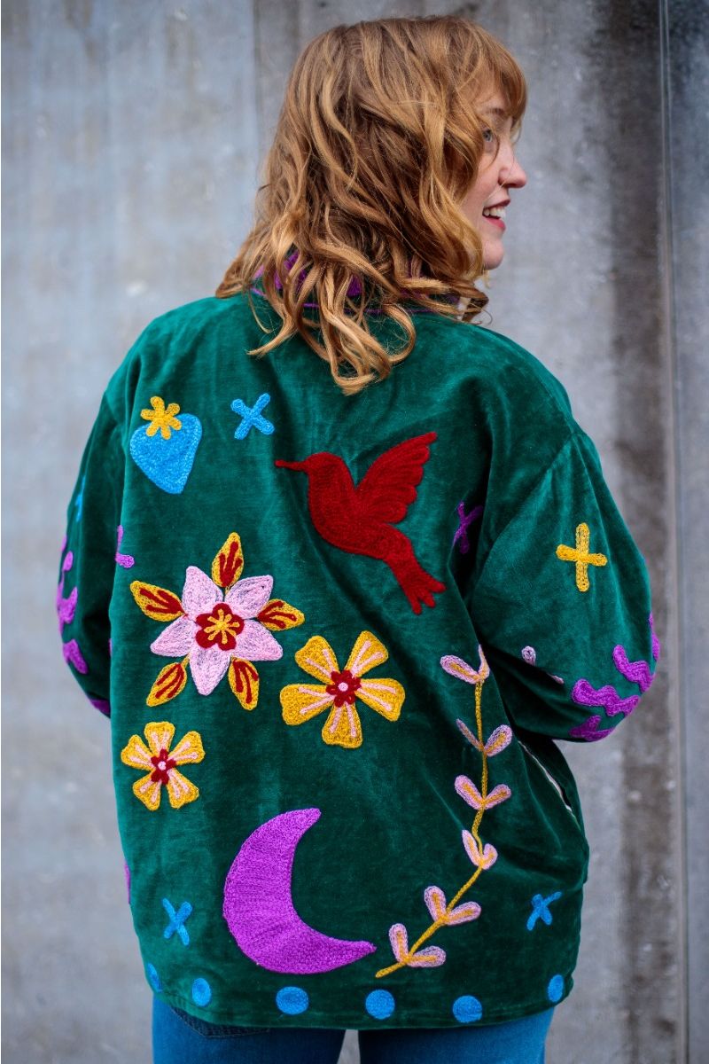 Embroidered Velvet Jacket – Deep Green with Playful Multicolor Embroidery