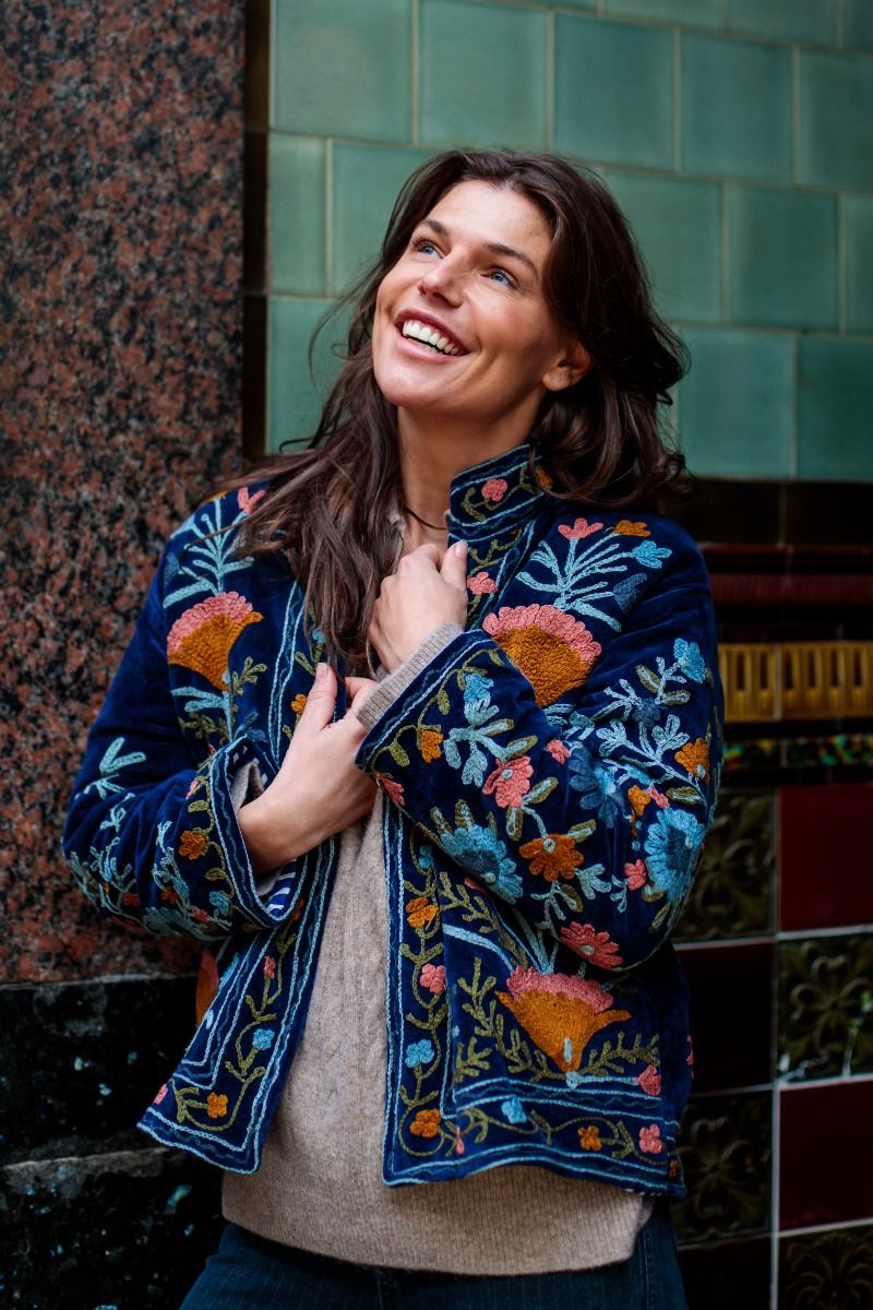 Embroidered velvet jacket – Ocean blue with multicolor Suzani embroidery
