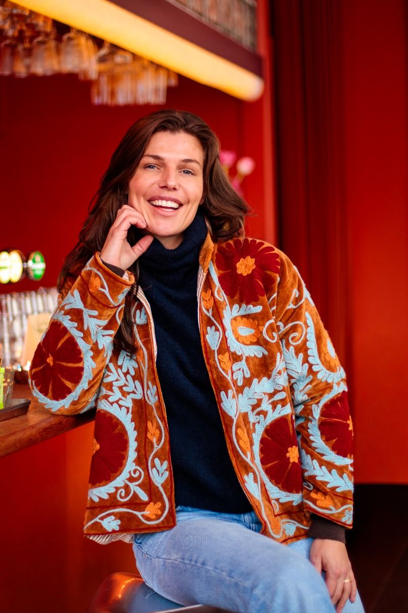 Suzani Jacket – Brown-amber with red floral embroidery