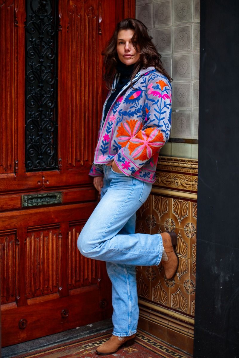 Embroidered Jacket – Soft Grey Velvet with Pink and Orange Floral Suzani Embroidery