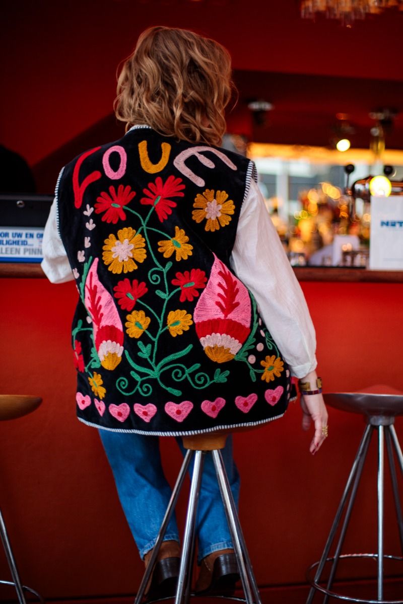 Embroidered Bodywarmer – Black with Floral Suzani Embroidery & LOVE Detail