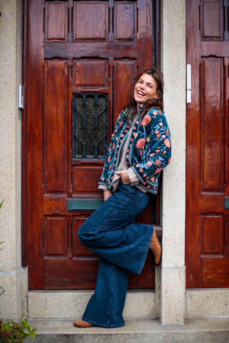 Embroidered Velvet Jacket – Petrol with Coral Floral Embroidery
