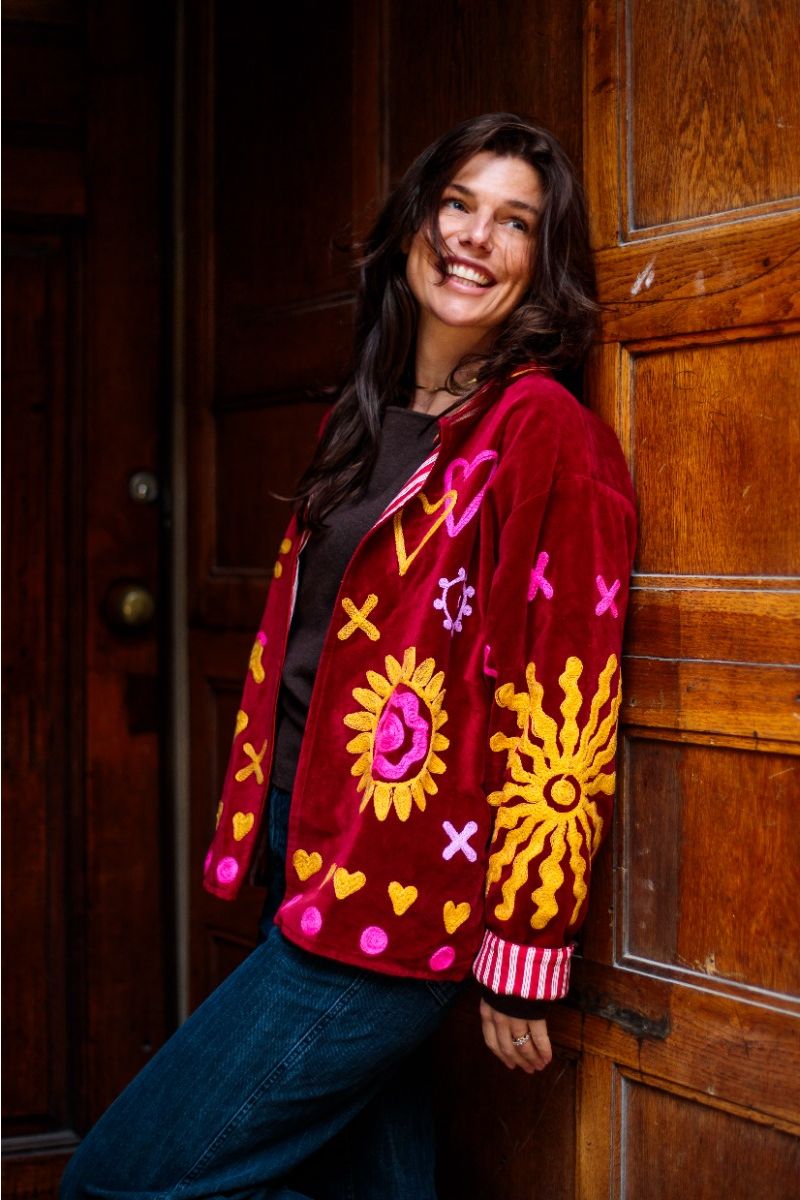 Embroidered Velvet Jacket – Deep Burgundy with Yellow and Pink Embroidery