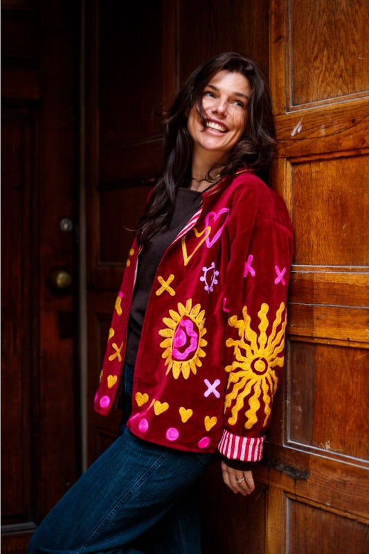 Embroidered Velvet Jacket – Deep Burgundy with Yellow and Pink Embroidery