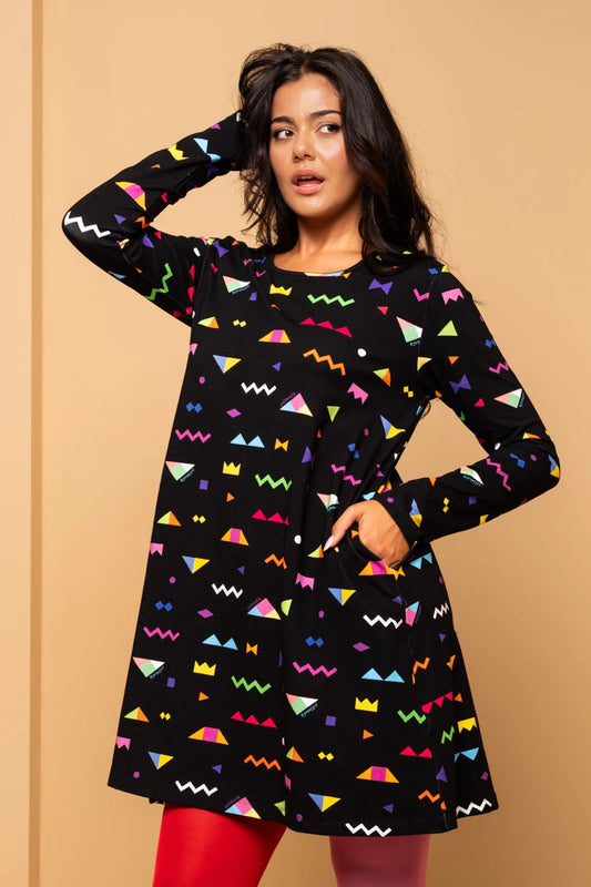 Tokyo Dress Black Geometrical Abstract A-Line Φόρεμα με Τσέπες Petit Boutik