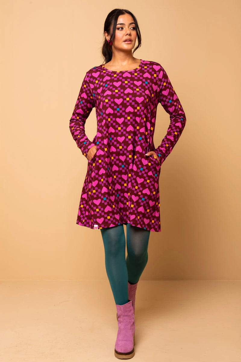 Tokyo Dress Magenta Hearts Cubes A-Line Φόρεμα με Τσέπες Petit Boutik