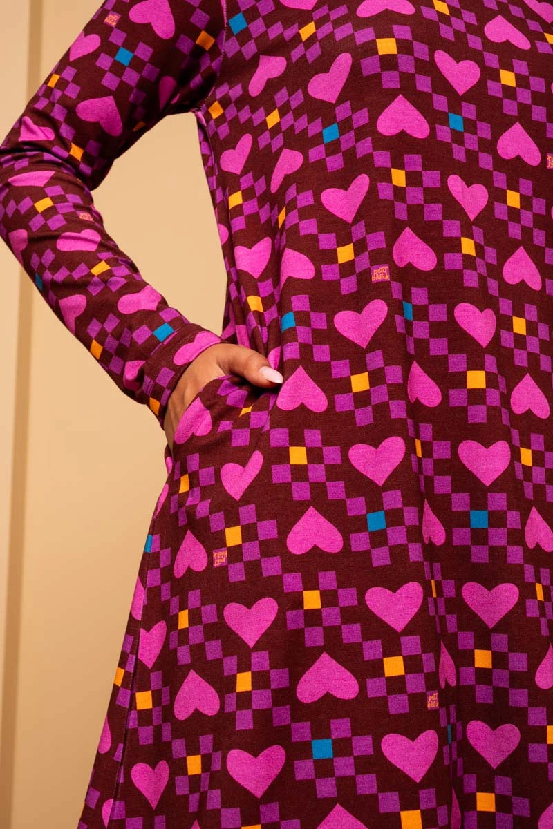 Tokyo Dress Magenta Hearts Cubes A-Line Φόρεμα με Τσέπες Petit Boutik