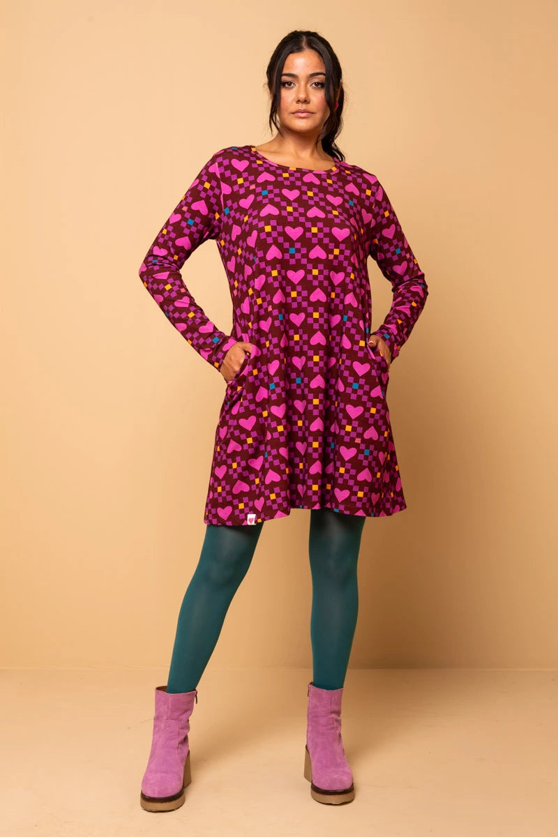 Tokyo Dress Magenta Hearts Cubes A-Line Φόρεμα με Τσέπες Petit Boutik