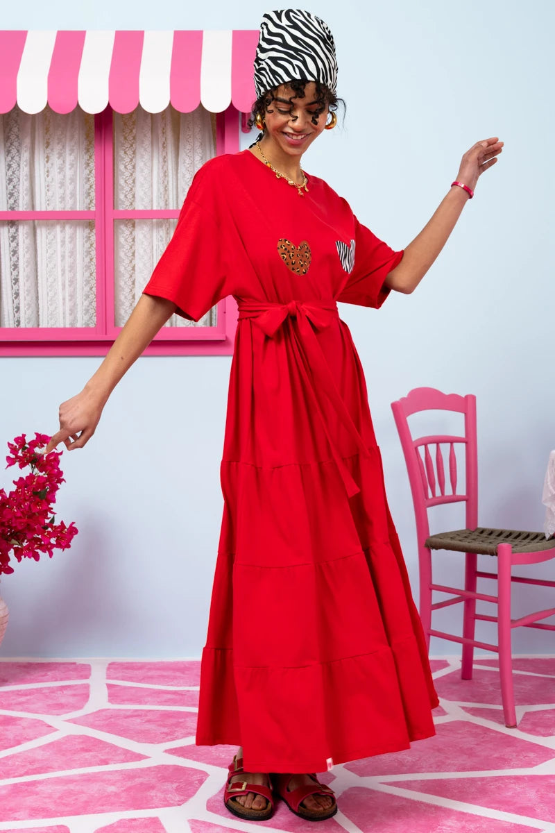 Yama T-shirt Frill Dress “Boob Hearts” Κόκκινο Κοντομάνικο Φόρεμα με Ζώνη Petit Boutik