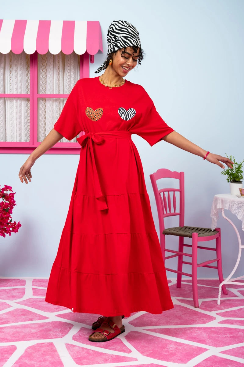 Yama T-shirt Frill Dress “Boob Hearts” Κόκκινο Κοντομάνικο Φόρεμα με Ζώνη Petit Boutik