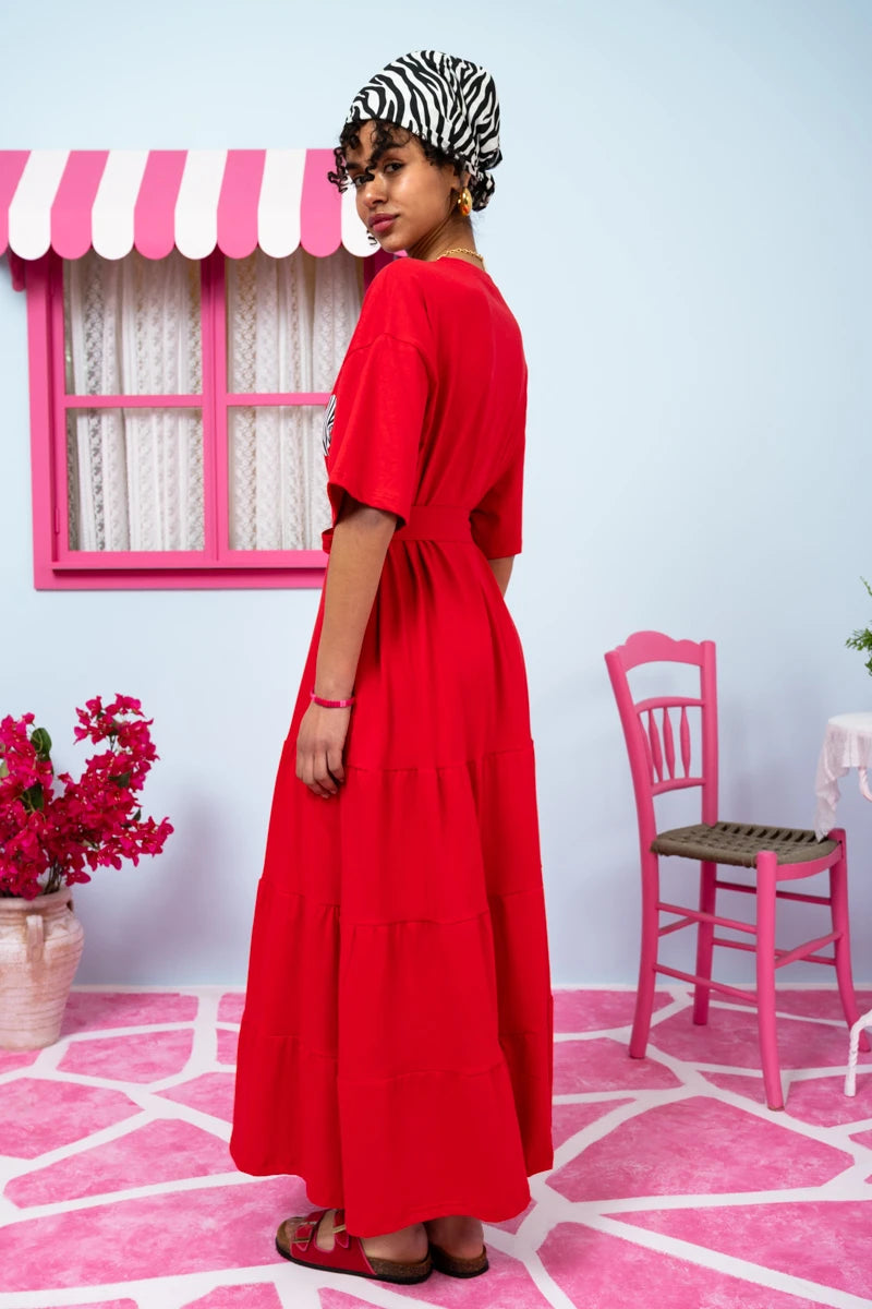 Yama T-shirt Frill Dress “Boob Hearts” Κόκκινο Κοντομάνικο Φόρεμα με Ζώνη Petit Boutik