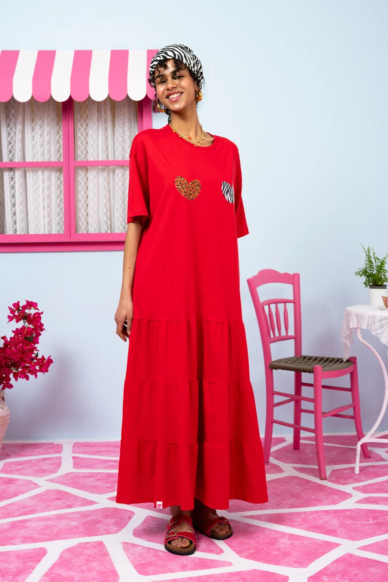 Yama T-shirt Frill Dress “Boob Hearts” Κόκκινο Κοντομάνικο Φόρεμα με Ζώνη Petit Boutik