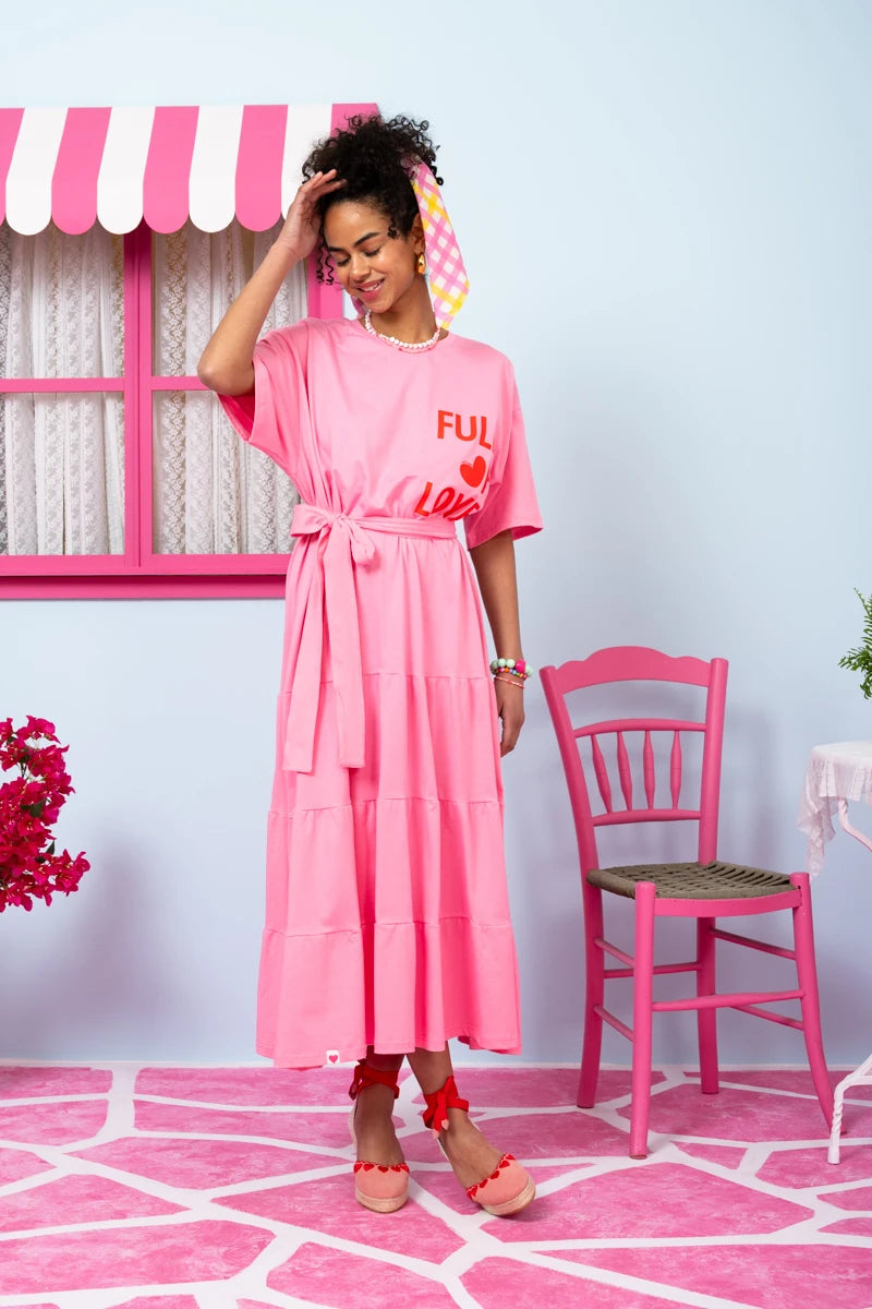 Yama T-shirt Frill Dress “Full Of Love” Ροζ Κοντομάνικο Φόρεμα με Ζώνη Petit Boutik