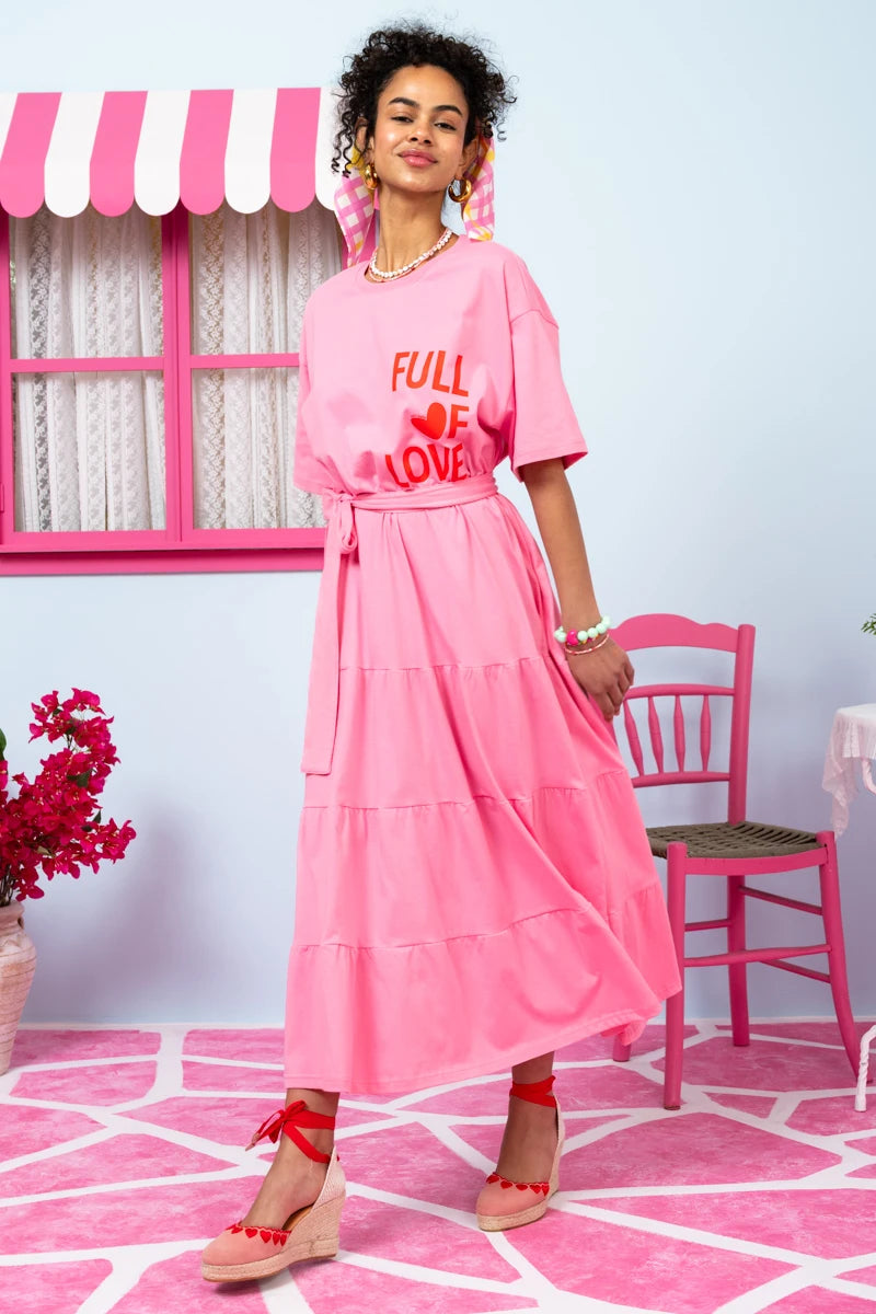Yama T-shirt Frill Dress “Full Of Love” Ροζ Κοντομάνικο Φόρεμα με Ζώνη Petit Boutik