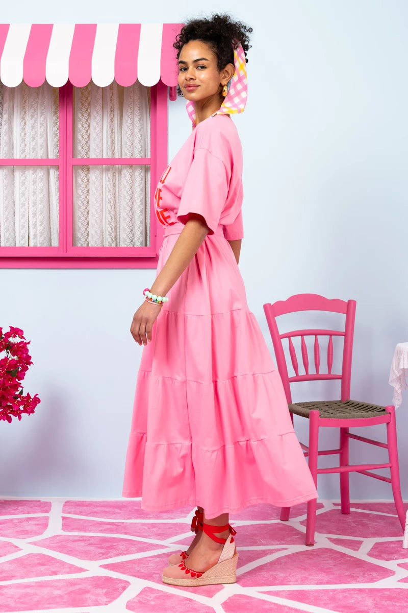 Yama T-shirt Frill Dress “Full Of Love” Ροζ Κοντομάνικο Φόρεμα με Ζώνη Petit Boutik
