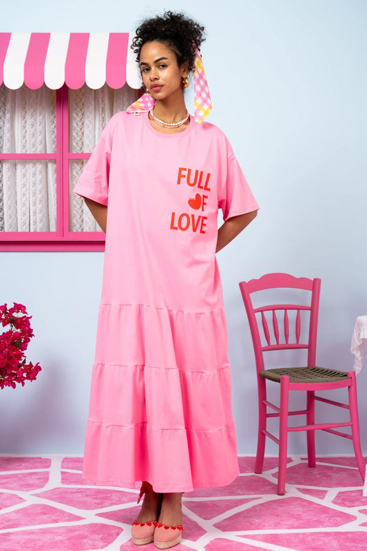 Yama T-shirt Frill Dress “Full Of Love” Ροζ Κοντομάνικο Φόρεμα με Ζώνη Petit Boutik